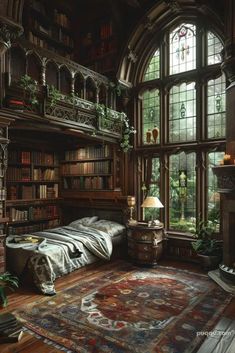 a room with a bed, bookshelf and many windows