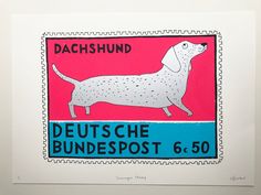 a stamp with a dog on it is in the shape of a postage marke