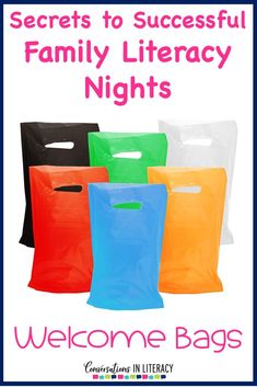 four bags with the words secrets to successful family library nights welcome bags on top and bottom