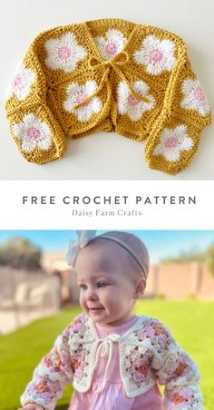 a crochet pattern for a baby's sweater with flowers on the front and back