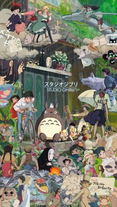 the studio ghibli characters are surrounded by many other people and their pets