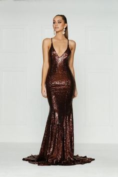 Kendall Formal Dress - Chocolate Brown Sequins V Neck Full Length Gown Brown Prom Dress, Harry Styles Suits, Brown Dresses Formal, Chocolate Brown Dress, Coral And Teal, Princess Fantasy, Sparkly Dresses, Brown Sequin Dresses, Fitted Gowns