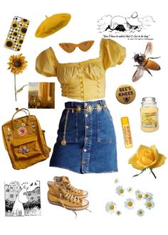 Yellow Female Outfit, Gamercore Aesthetic Outfits, Cute Flowery Outfits, Fruit Themed Outfits Aesthetic, Lemon Inspired Outfits, Honeycore Outfits, Honeycore Aesthetic Outfits, Cute Yellow Outfits, Honeycore Aesthetic