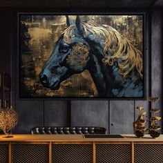 a large horse painting on the wall in a room with black walls and gold accents