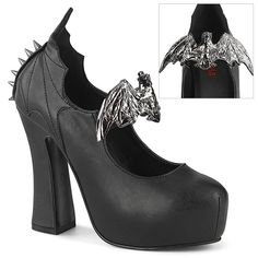 DEMON-18 Mary Jane | Black Faux Leather-Mary Janes-Demonia-SEXYSHOES.COM Demonia Collection, Goth Heels, Black Mary Jane Heels, Metal Bat, Black Shoes Heels, Black Platform Heels, Bat Wing, Platform Mary Janes