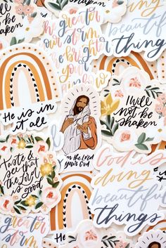 stickers with the words and image of jesus on them, all in different colors