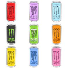 six cans of juice with the same color as each can be seen in this image