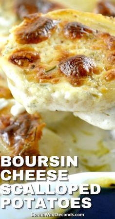 a close up of food on a plate with text overlay that reads bourbon cheese scalloped potatoes