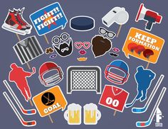 various sports related items are arranged in the shape of a circle on a gray background