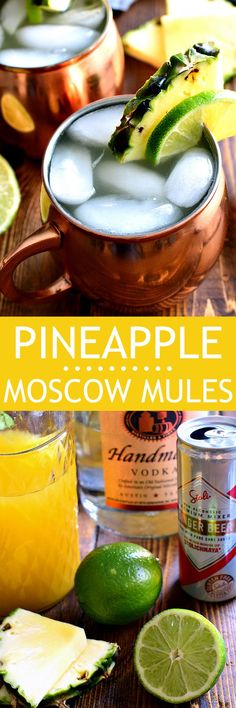 the pineapple moscow mules are served in copper bowls and garnished with lime