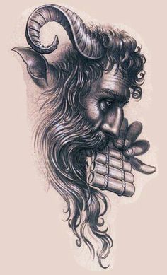 a drawing of a horned man with long hair and horns on his head, wearing a ring