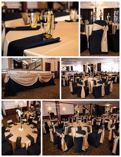 black and white table cloths with gold sashes