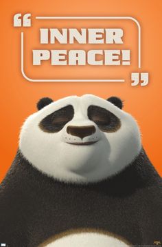 a panda bear with the words inner peace on it's face, in front of an orange background