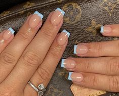 Elegant Short Gel Nail Designs, Sky Blue French Tip, Jamaica Nails, Short French Nails, Blue French Tip, Sky Blue Nails, Girly Acrylic, Blue Acrylic Nails, Easy Nails