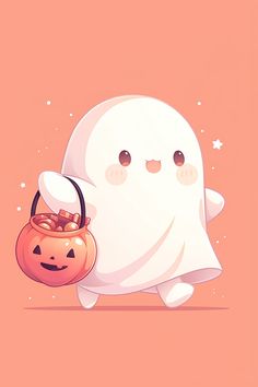 a cartoon ghost carrying a pumpkin in a trick or treat bag with eyes and nose