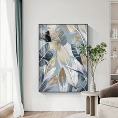 Chic Abstract Blue Golden Feathers Wall Art Fine Art Canvas Prints Posters Pictures For Living Room Dining Room Modern Bedroom Art Decor Golden Leaves, White Feathers, Flower Wall Art, Wall Art Pictures