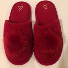 Pretty Red Knit Slippers With Faux Red Fur Poms. Insoles Are Cushioned. Outsoles Are Rubber. Wear Indoors Or Outdoors. Size Medium Best Fits Shoe Sizes 8 Or 8.5 Medium To Wide Width. Slipper Length Is 10” And Width Is 4”. Received As Gifts, New, Never Worn. Slippers With Fur, Knit Slippers, Victoria Secret Shoes, Red Fur, Knitted Slippers, Fur Pom Pom, Victoria’s Secret, Pom Pom, Victoria's Secret