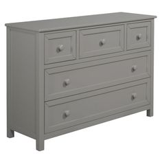 a gray dresser with drawers and knobs on the bottom drawer, against a white background