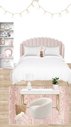 a bedroom with pink and white decor on the walls, bed, nightstands and shelves