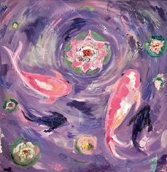 an abstract painting with fish and flowers floating in the water on a purple sky background