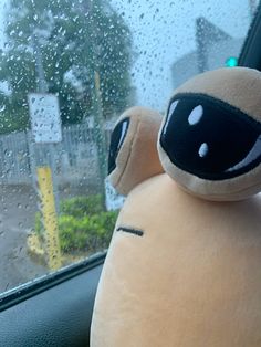 a stuffed animal sitting in the passenger seat of a car with rain drops on it