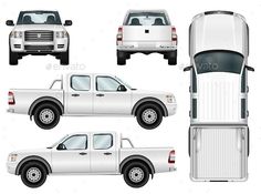 four different views of the white pickup truck from top to bottom view, with flatbed and