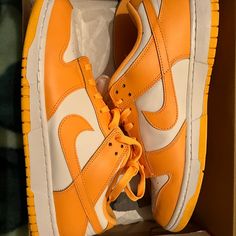 Size 12 Womens- 10.5 Mens. Used In Excellent Conditions. Low Dunks, Nike Orange, Nike Shoes Women, Orange White, Shoes Women, Men's Nike, Mens Shoes Sneakers, Color Orange, Orange Color