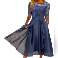 This Stunning Women's Dress Is Perfect For Any Formal Occasion. The Tea-Length Chiffon Dress Features Delicate Floral Embroidery And A Flattering Fit & Flare Style. The Short Sleeve Dress Is Made From High-Quality Chiffon And Lace Materials, Ensuring Comfort And Durability. The Beautiful Blue Color Adds A Touch Of Elegance To The Dress, Making It Perfect For Weddings, Parties, And Cocktail Events. The Dress Is Available In Size S, With A Regular Size Type And A Midi Dress Length. This Dress Has Chiffon Lace Dress, Thick Coat, Shift Dresses, Dress Stores Online, Maxi Dress Online, Maxi Robes, Midi Short Sleeve Dress, Chiffon Maxi, Wedding Guest Dress Summer