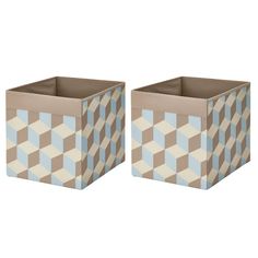 two blue and brown boxes sitting next to each other on a white background, one is empty