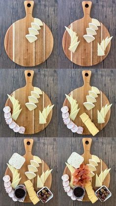 four wooden cutting boards with different types of cheeses on them and sauces in the middle