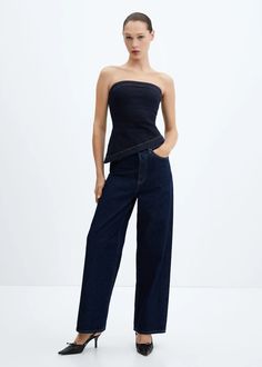 Asymmetric hem denim top - Women | Mango USA Denim Tube Top, Denim Top Women, Denim Party, Moda Denim, Maxi Tops, Mango Jeans, Tailored Design, Tailored Dress, Denim Style