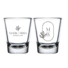 two shot glasses with the names and date printed on them