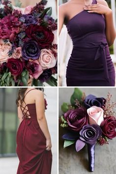 four different pictures of bridesmaids in purple and red dresses with flowers on their bouquets