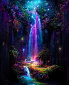 a waterfall in the middle of a forest filled with lots of trees and flowers at night