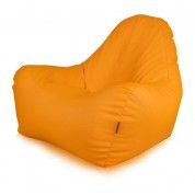 an orange bean bag chair sitting on top of a white floor