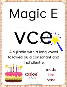 a sign that says magic e vcce with a birthday cake and candles on it