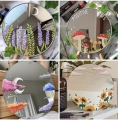 four different pictures of decorative mirrors with flowers and plants painted on them, along with other items