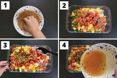 four pictures showing how to make a meal with rice, vegetables and meat in a bowl