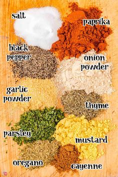 an image of different spices on a wooden board with the words spice mix in it