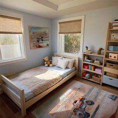 a child's room with a bed, bookshelf and toys