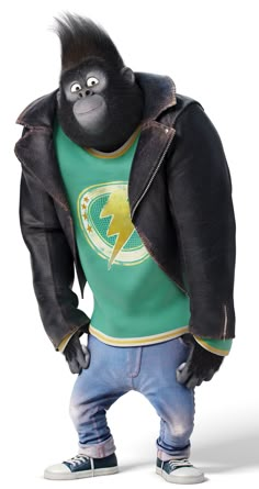 a gorilla in a green shirt and jeans with a black jacket on his back, standing up