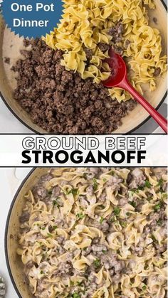 ground beef and noodles in a skillet before and after being cooked