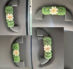 four pictures of green crocheted items with flowers on them