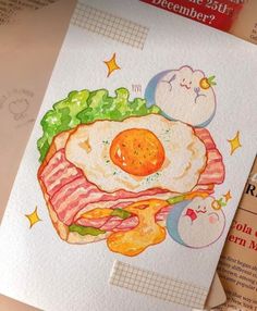 a drawing of bacon, egg and lettuce on top of a book