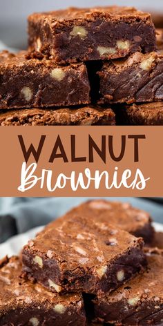 chocolate brownies stacked on top of each other with the words walnut brownies above them