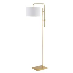 a gold floor lamp with a white shade on the base and a square light fixture