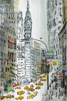 a drawing of a city street filled with yellow cabs