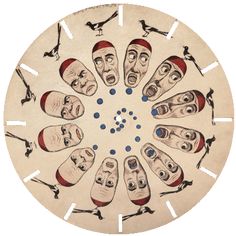 a clock with many faces painted on it