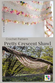 crochet pattern pretty crescent shawl with flowers and leaves on the edge, hanging from a tree branch