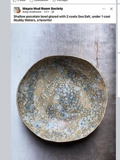 a bowl with blue flowers on it sitting on top of a metal tableclothed surface